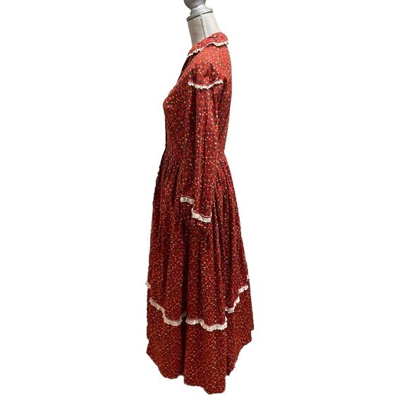 VTG Handmade Prairie Maxi Dress Red Calico Tiered + Bonnet Long Sleeve Sz Small - Picture 11 of 15